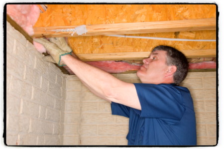 Man inspecting the insulation in basement part of a home