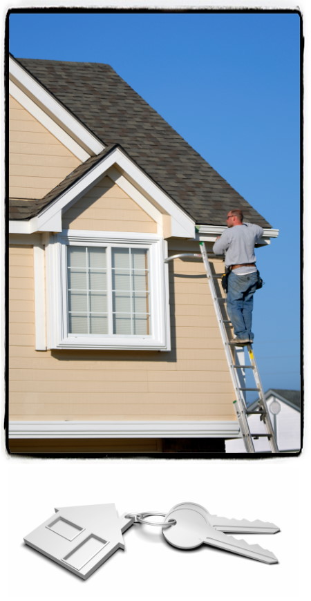 Home inspector climing a ladder to inspect the roof of a home, and keys to a new home